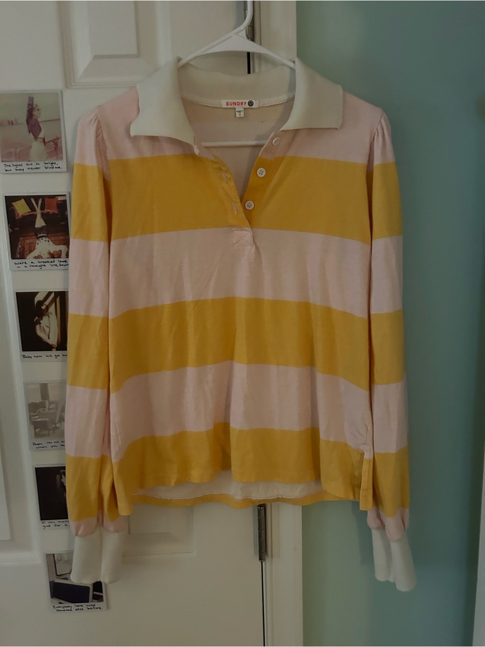 Sundry Long Sleeve Striped Polo in Pink and Yellow
